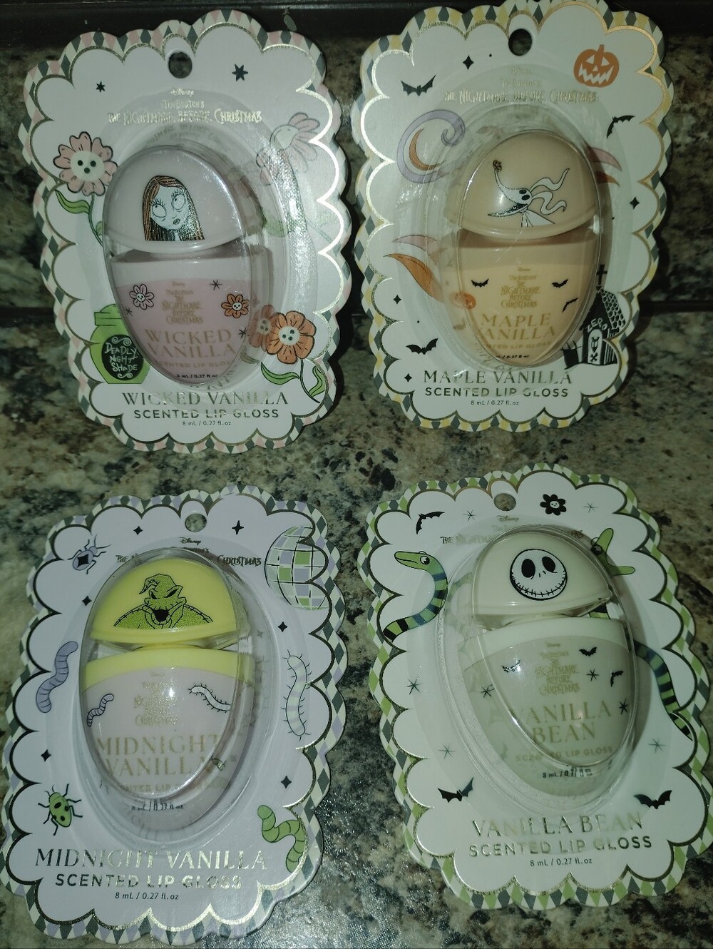 Nightmare-Themed Vanilla Scented Lip Gloss Set — Pink, Beige, Yellow, Cream New